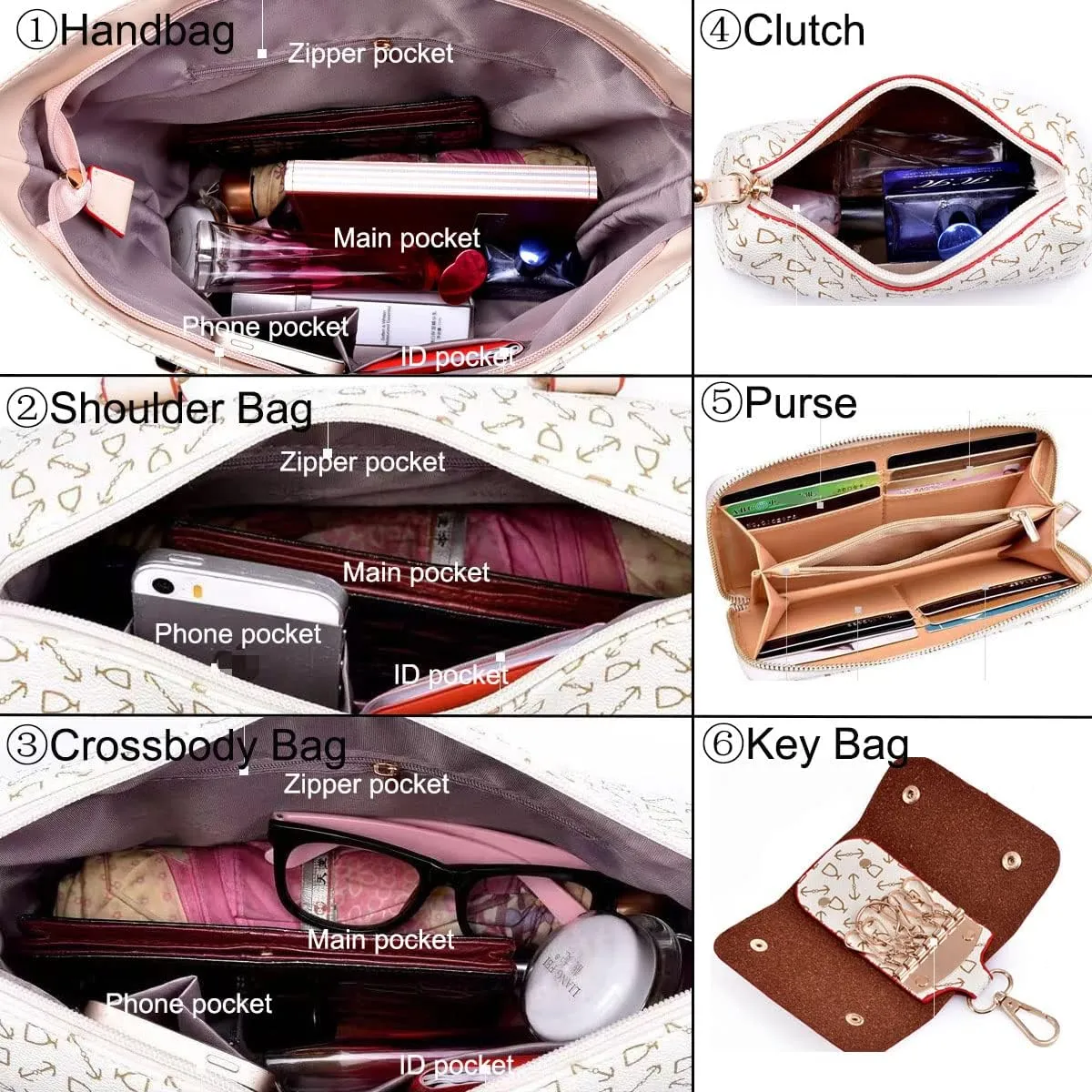 Women Handbag Set 6 Pcs PU Leather Tote Purse Multi-purpose Classic Shoulder Bag Top Handle Bag Satchel