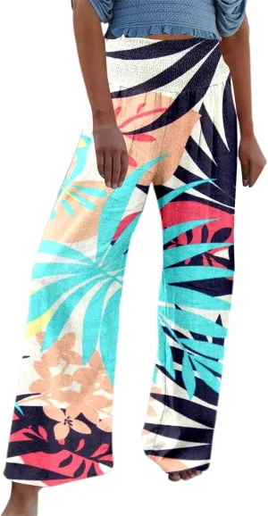 Women Linen Pants 2025 Summer Casual Loose Wide Leg Palazzo Pants Smocked High Waist Flowy Beach Trousers