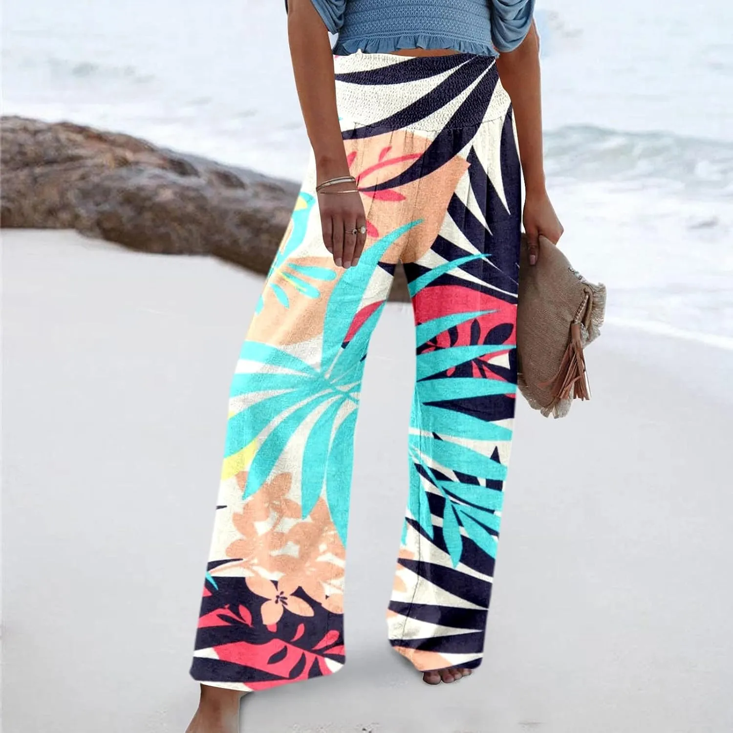 Women Linen Pants 2025 Summer Casual Loose Wide Leg Palazzo Pants Smocked High Waist Flowy Beach Trousers