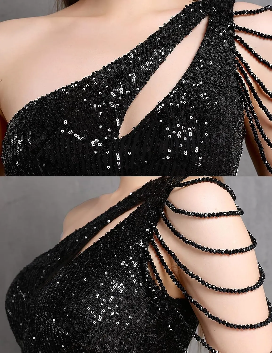 Women One Shoulder 1920s Plus Size Formal Dress Tassels Sleeve Sequins Gatsby Maxi Evening Gown
