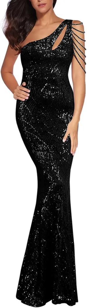 Women One Shoulder 1920s Plus Size Formal Dress Tassels Sleeve Sequins Gatsby Maxi Evening Gown