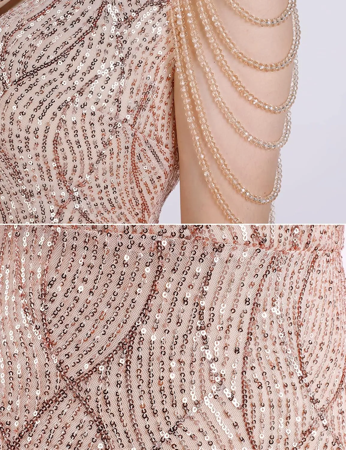 Women One Shoulder 1920s Plus Size Formal Dress Tassels Sleeve Sequins Gatsby Maxi Evening Gown