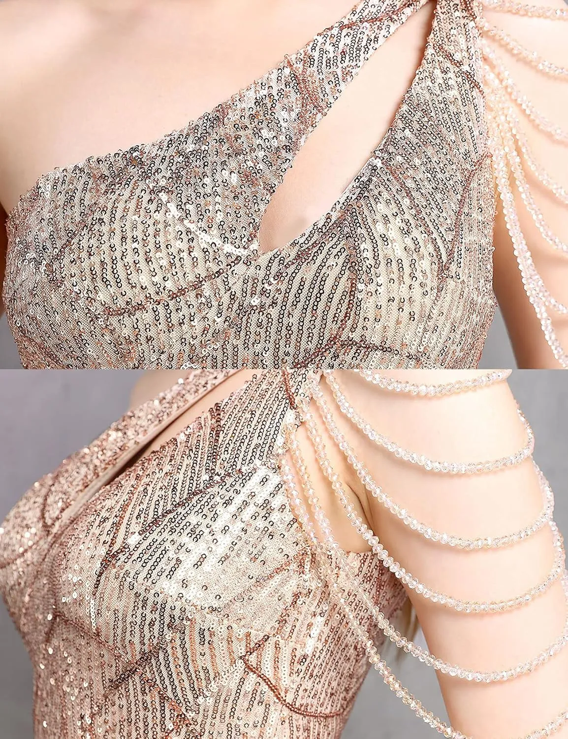 Women One Shoulder 1920s Plus Size Formal Dress Tassels Sleeve Sequins Gatsby Maxi Evening Gown
