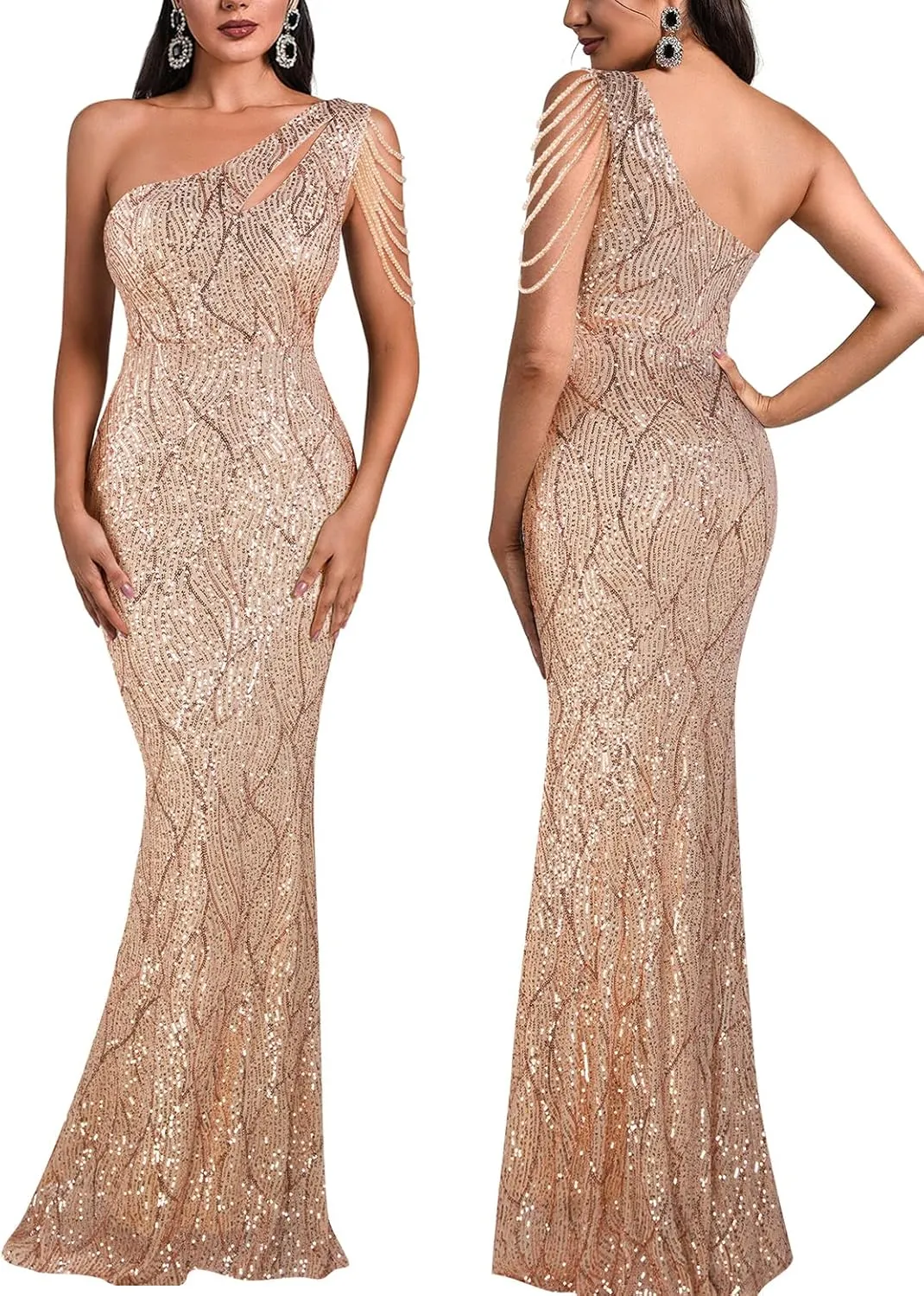 Women One Shoulder 1920s Plus Size Formal Dress Tassels Sleeve Sequins Gatsby Maxi Evening Gown