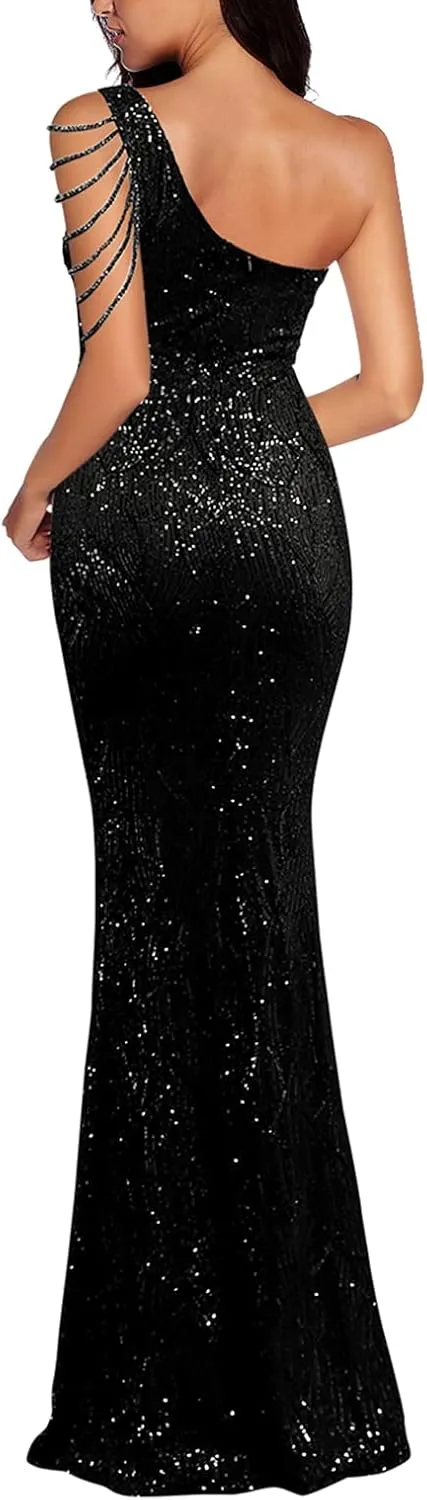 Women One Shoulder 1920s Plus Size Formal Dress Tassels Sleeve Sequins Gatsby Maxi Evening Gown