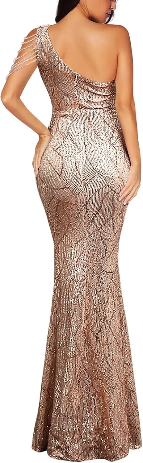 Women One Shoulder 1920s Plus Size Formal Dress Tassels Sleeve Sequins Gatsby Maxi Evening Gown