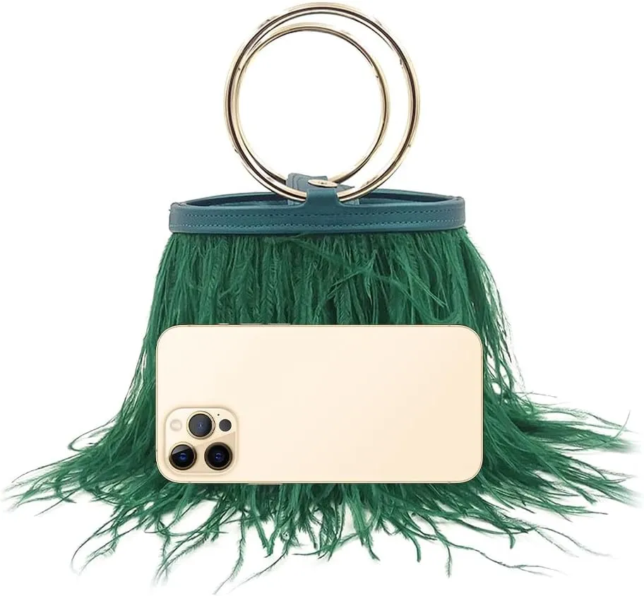 Women Ostrich Fluffy Tote Bag Feather Purse Crossbody Bag Shoulder Bag Evening Clutch Bride Purse Banquet Party Green