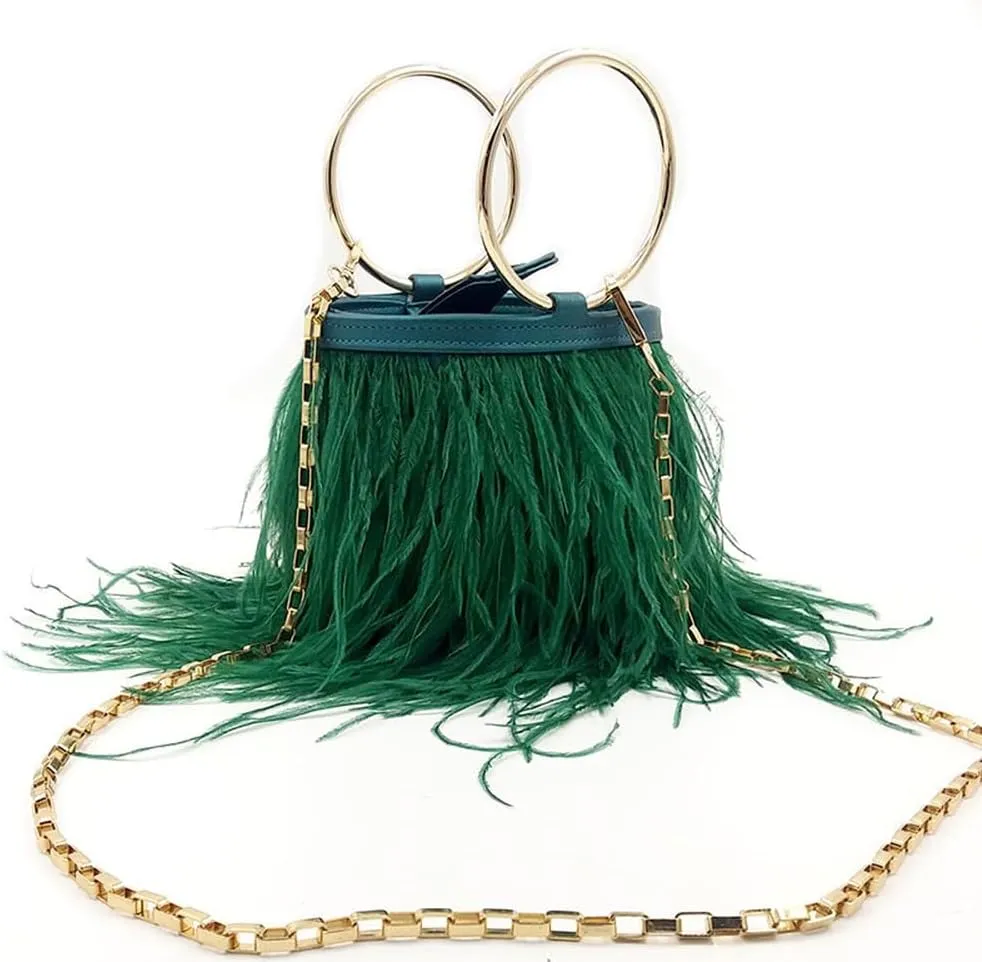 Women Ostrich Fluffy Tote Bag Feather Purse Crossbody Bag Shoulder Bag Evening Clutch Bride Purse Banquet Party Green