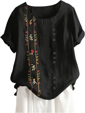 Women Short Sleeve Linen Shirts 2024 Trendy Crewneck Flower Printed Tees Blouse Casual Comfy Cotton Summer Tops