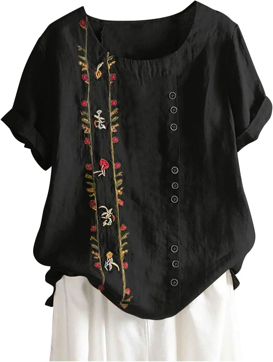 Women Short Sleeve Linen Shirts 2024 Trendy Crewneck Flower Printed Tees Blouse Casual Comfy Cotton Summer Tops