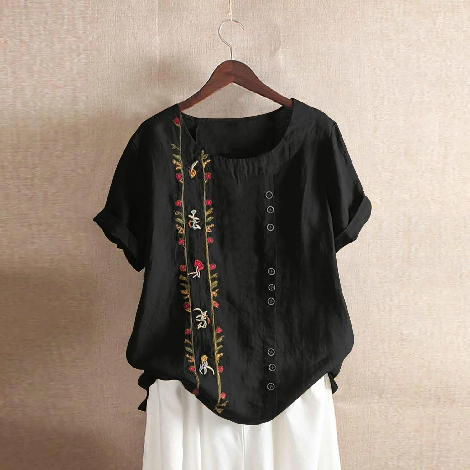 Women Short Sleeve Linen Shirts 2024 Trendy Crewneck Flower Printed Tees Blouse Casual Comfy Cotton Summer Tops