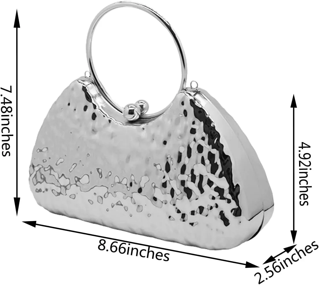 Women Top Handle Metal Evening Bag Ladies Trendy Metallic Handbag Chain Shoulder Crossbody Bag for Prom Party