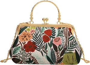 Women Vintage Flower Embroidery Handbag Evening Purse Crossbody Shoulder Bag with Chain Strap
