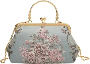Women Vintage Flower Embroidery Handbag Evening Purse Crossbody Shoulder Bag with Chain Strap