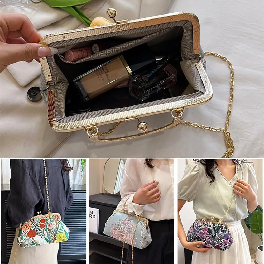 Women Vintage Flower Embroidery Handbag Evening Purse Crossbody Shoulder Bag with Chain Strap