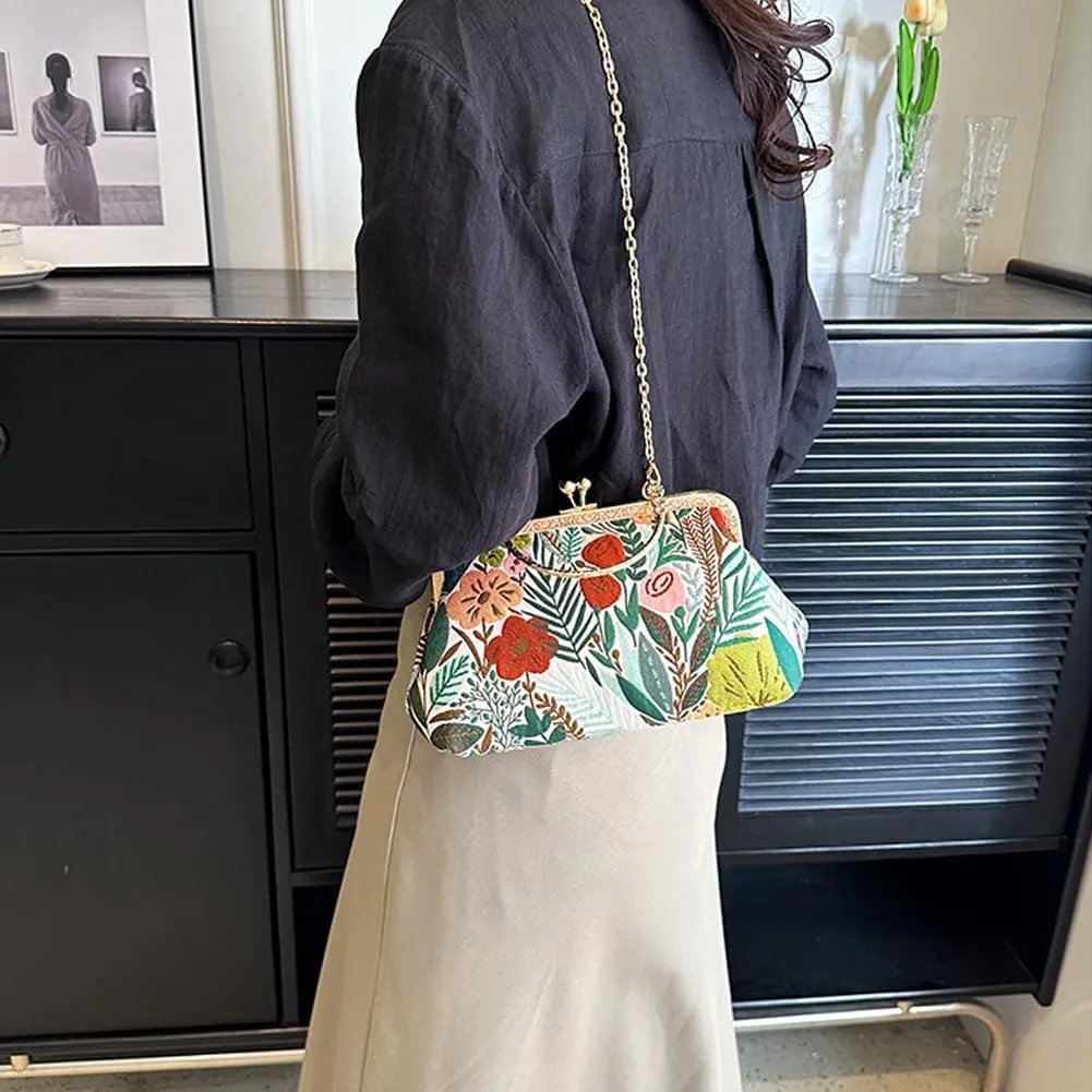Women Vintage Flower Embroidery Handbag Evening Purse Crossbody Shoulder Bag with Chain Strap