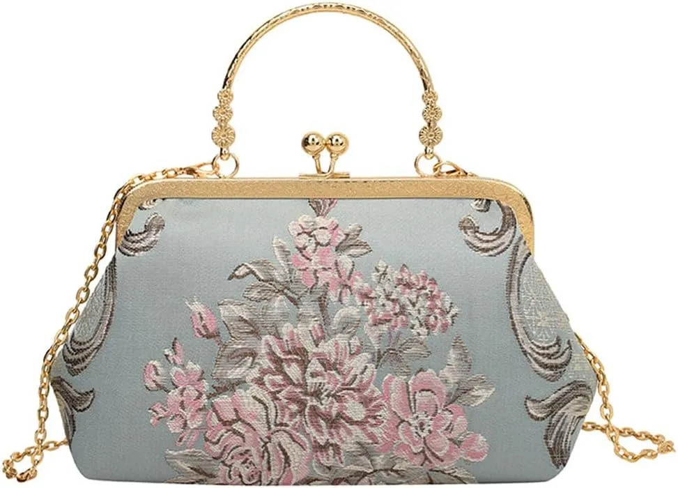 Women Vintage Flower Embroidery Handbag Evening Purse Crossbody Shoulder Bag with Chain Strap