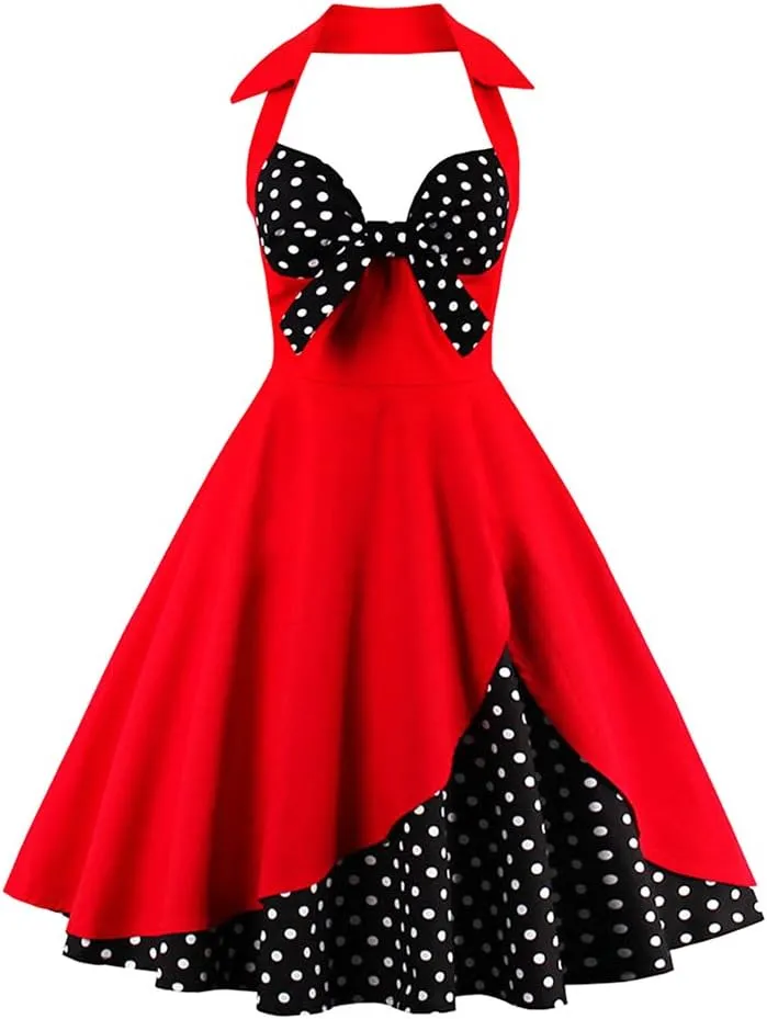 Womens 1950s Retro Rockabilly Princess Cosplay Dress Floral Halter Audrey Hepburn 50's 60's Party Costume Gown