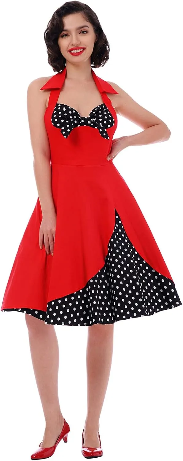 Womens 1950s Retro Rockabilly Princess Cosplay Dress Floral Halter Audrey Hepburn 50's 60's Party Costume Gown