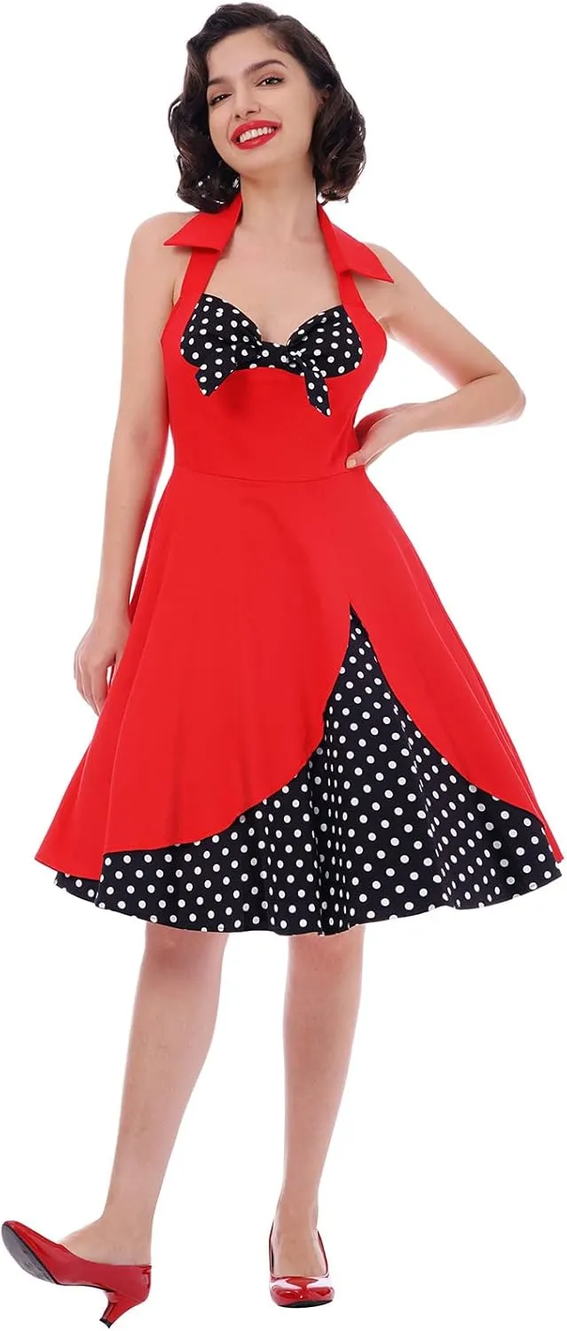 Womens 1950s Retro Rockabilly Princess Cosplay Dress Floral Halter Audrey Hepburn 50's 60's Party Costume Gown