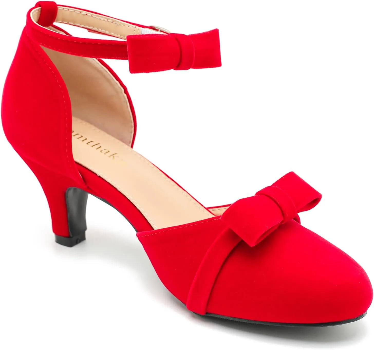 Womens Ankle Strap Bow Kitten Heels Dressy Shoes Comfortable Closed Toe Low Heel Formal Party Dance Prom Pumps