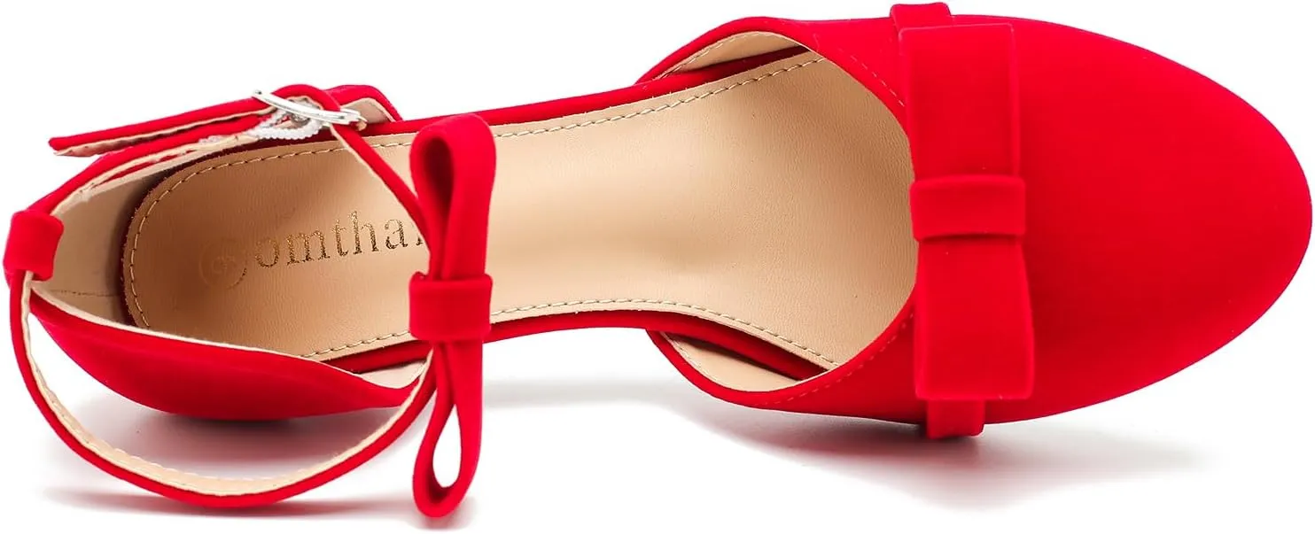 Womens Ankle Strap Bow Kitten Heels Dressy Shoes Comfortable Closed Toe Low Heel Formal Party Dance Prom Pumps