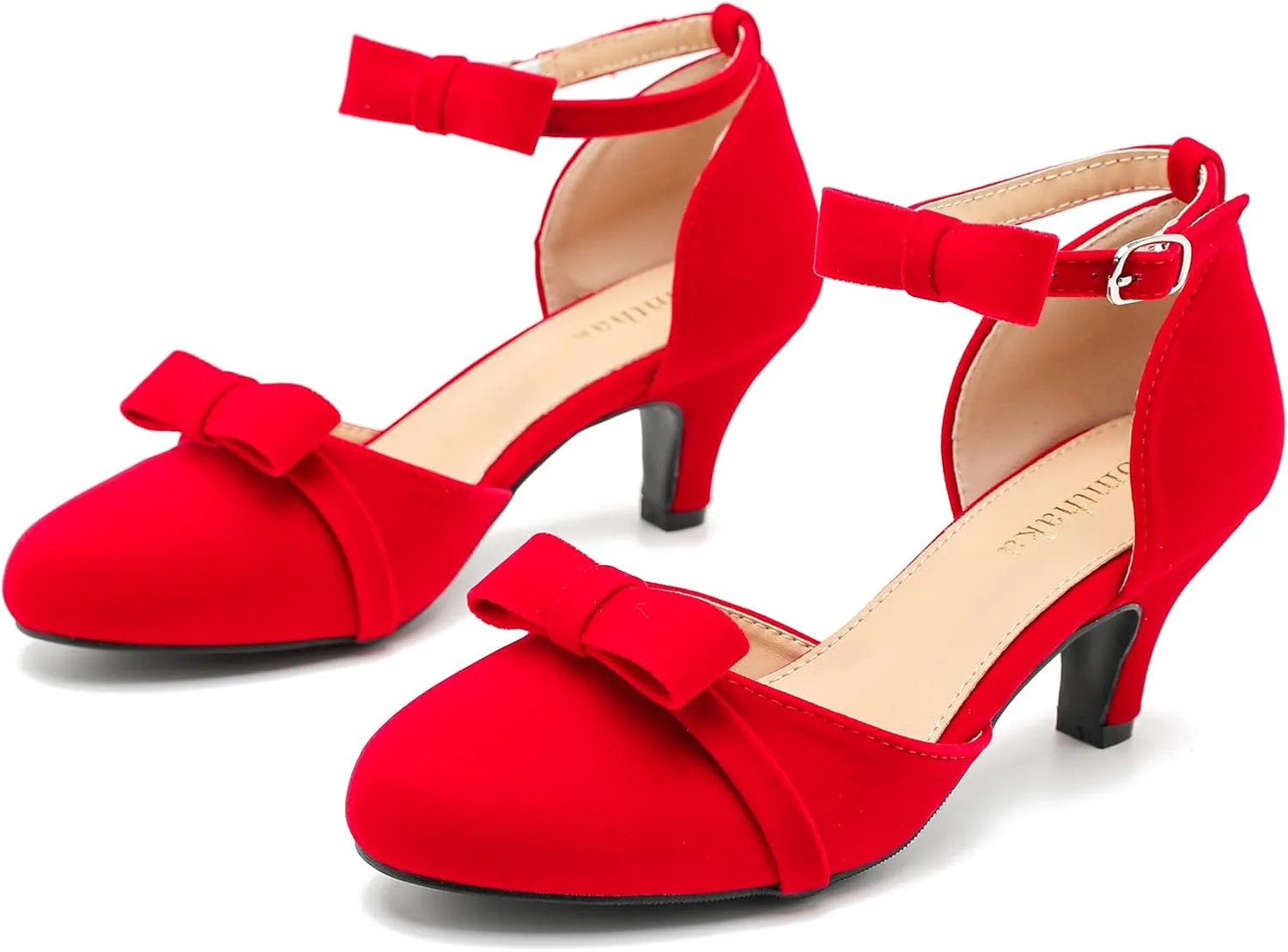 Womens Ankle Strap Bow Kitten Heels Dressy Shoes Comfortable Closed Toe Low Heel Formal Party Dance Prom Pumps