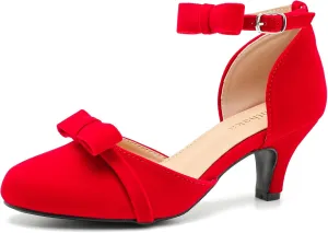 Womens Ankle Strap Bow Kitten Heels Dressy Shoes Comfortable Closed Toe Low Heel Formal Party Dance Prom Pumps