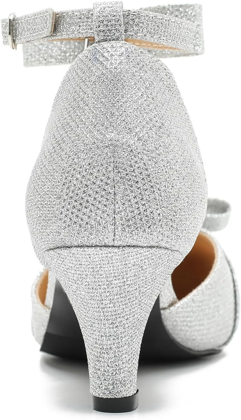 Womens Ankle Strap Bow Kitten Heels Dressy Shoes Comfortable Closed Toe Low Heel Formal Party Dance Prom Pumps