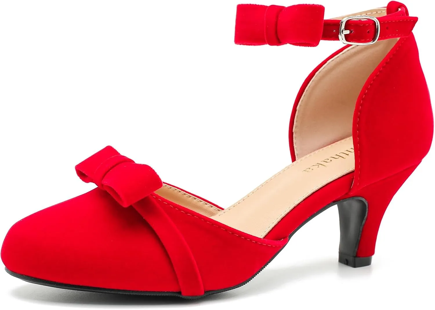Womens Ankle Strap Bow Kitten Heels Dressy Shoes Comfortable Closed Toe Low Heel Formal Party Dance Prom Pumps