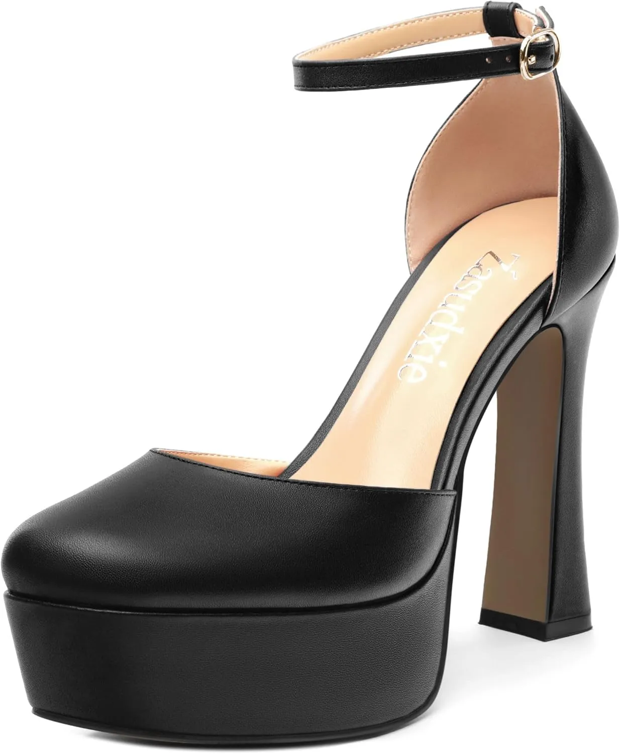 Womens Ankle Strap Platform High Heels Solid Matte Buckle Square Toe Chunky High Heel Pumps Wedding Evening Party Dress Shoes 4.7 Inch