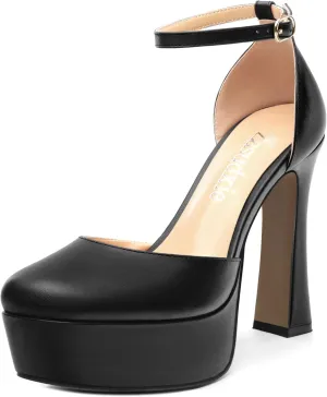 Womens Ankle Strap Platform High Heels Solid Matte Buckle Square Toe Chunky High Heel Pumps Wedding Evening Party Dress Shoes 4.7 Inch