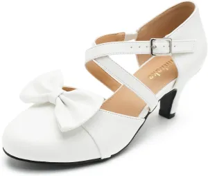 Womens Bow Mary Janes Low Kitten Heels Closed Toe Cross Ankle Strap Dress Shoes Comfortable Vintage Wedding Pumps Dress Shoes