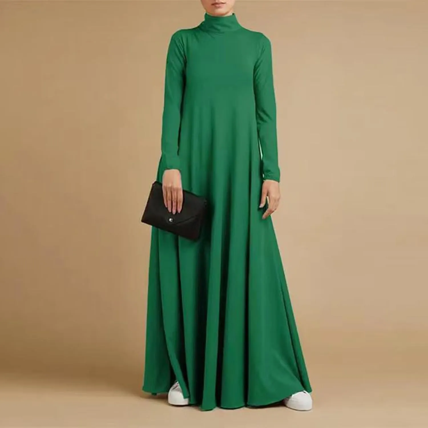 Womens Casual Maxi Dress Long Sleeve Mock Neck Robe Abaya Muslim Ramadan Dress Flowy Maxi Dress Islamic Evening Gown
