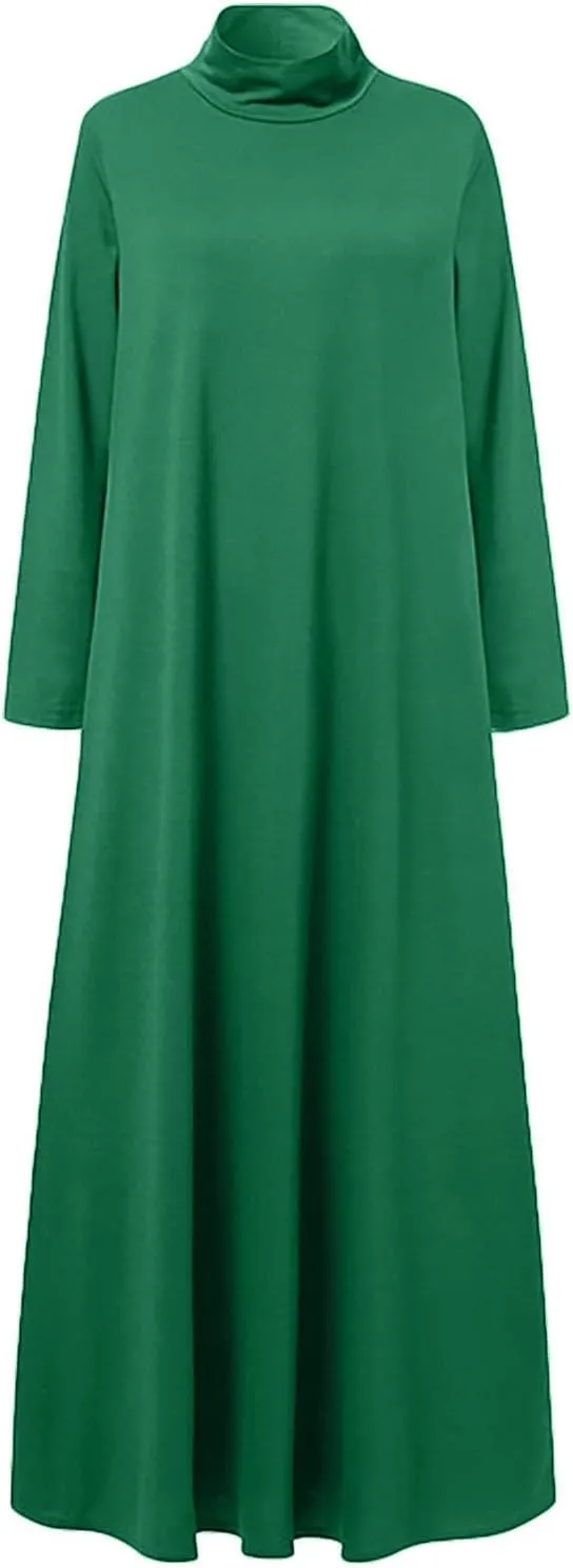 Womens Casual Maxi Dress Long Sleeve Mock Neck Robe Abaya Muslim Ramadan Dress Flowy Maxi Dress Islamic Evening Gown
