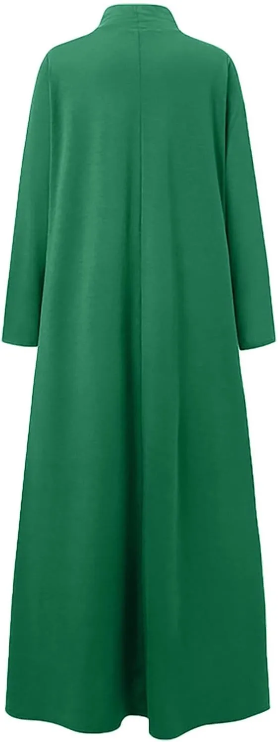 Womens Casual Maxi Dress Long Sleeve Mock Neck Robe Abaya Muslim Ramadan Dress Flowy Maxi Dress Islamic Evening Gown