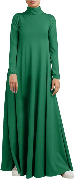 Womens Casual Maxi Dress Long Sleeve Mock Neck Robe Abaya Muslim Ramadan Dress Flowy Maxi Dress Islamic Evening Gown