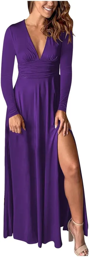 Women's Cocktail Gowns Dresses Fall V-Neck Pleated Elegant Casual Dress Sexy Side Split Club Night Prom Party Dresses