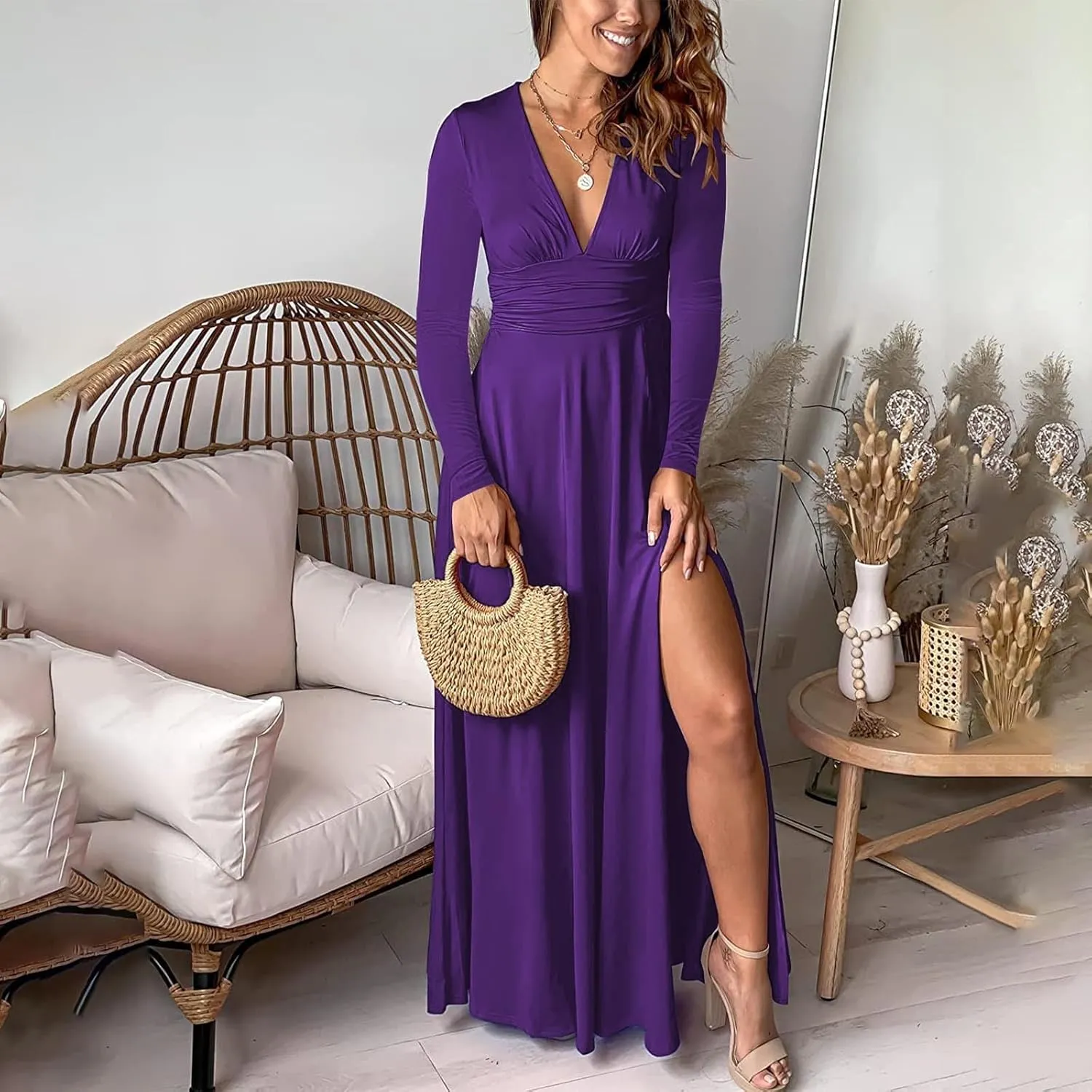 Women's Cocktail Gowns Dresses Fall V-Neck Pleated Elegant Casual Dress Sexy Side Split Club Night Prom Party Dresses