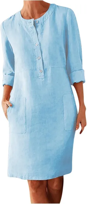 Women's Cotton Linen Shirt Dress Long Sleeve Summer Midi Dresses Dressy Casual Button Down Crewneck Solid Dress