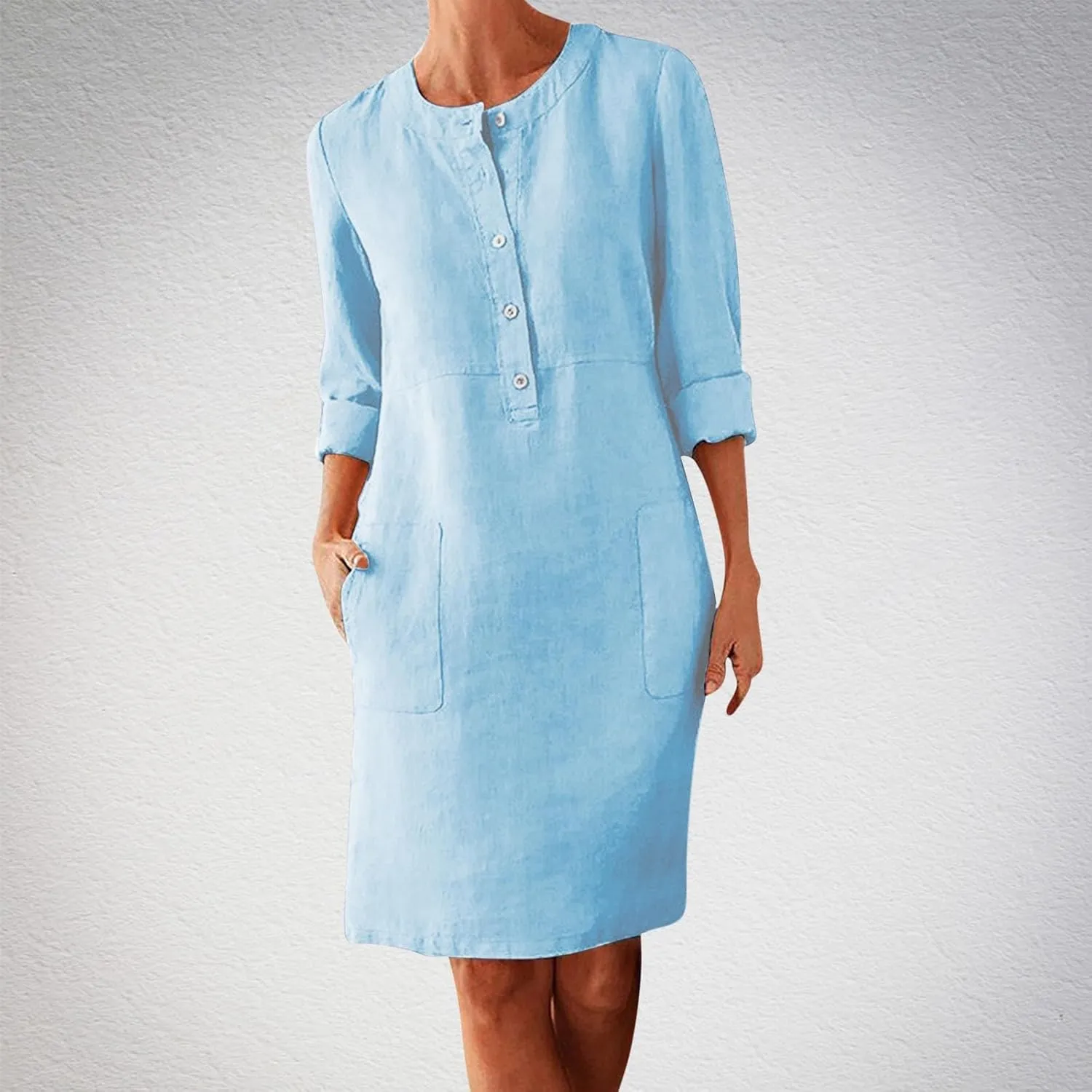 Women's Cotton Linen Shirt Dress Long Sleeve Summer Midi Dresses Dressy Casual Button Down Crewneck Solid Dress