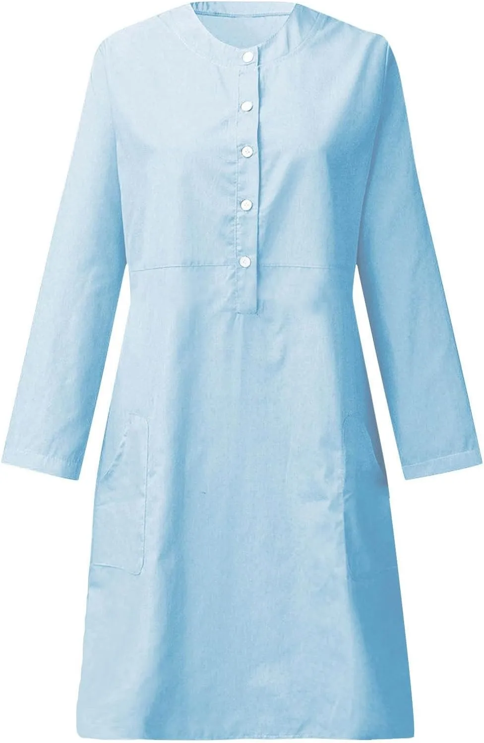 Women's Cotton Linen Shirt Dress Long Sleeve Summer Midi Dresses Dressy Casual Button Down Crewneck Solid Dress