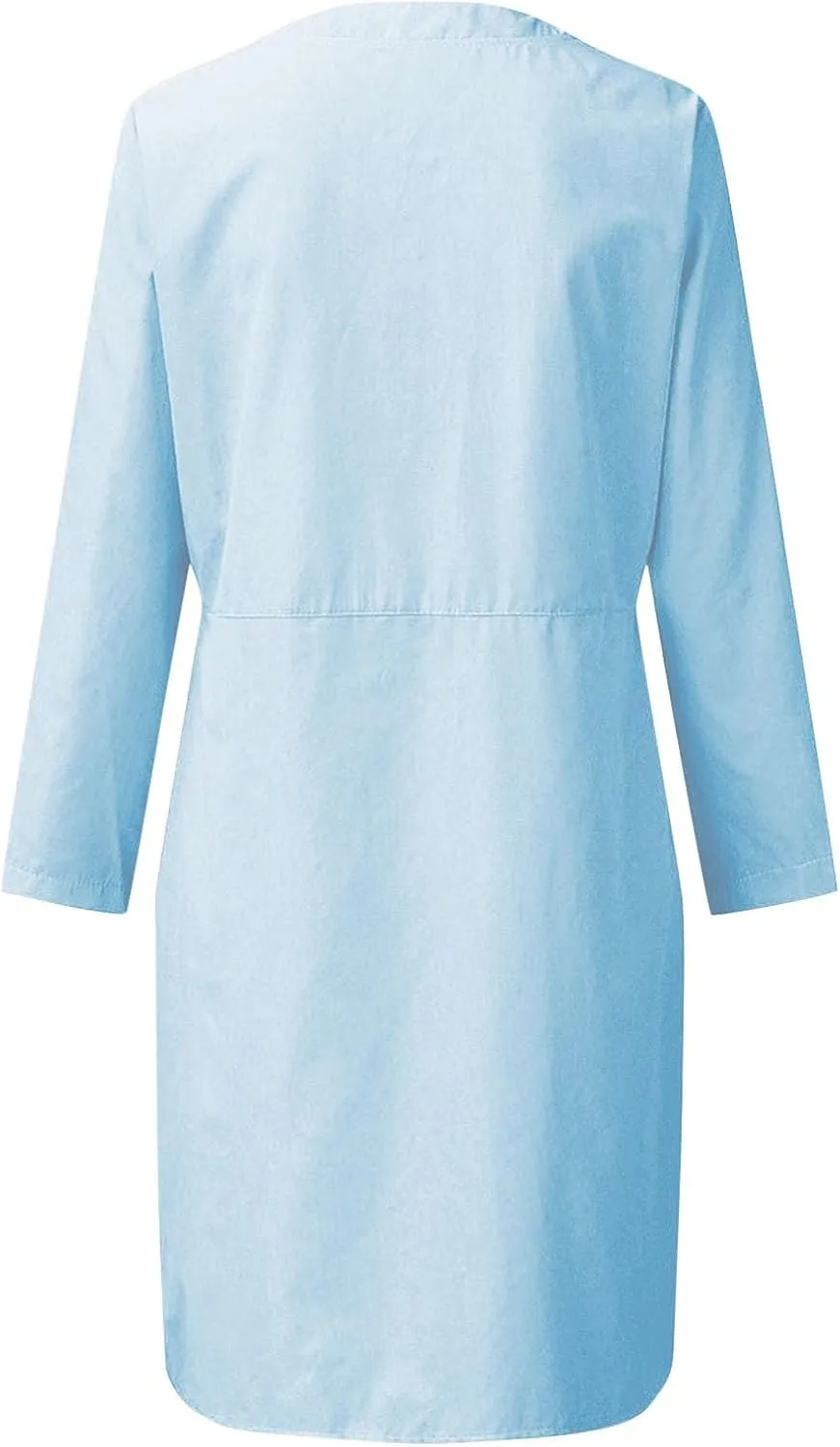 Women's Cotton Linen Shirt Dress Long Sleeve Summer Midi Dresses Dressy Casual Button Down Crewneck Solid Dress
