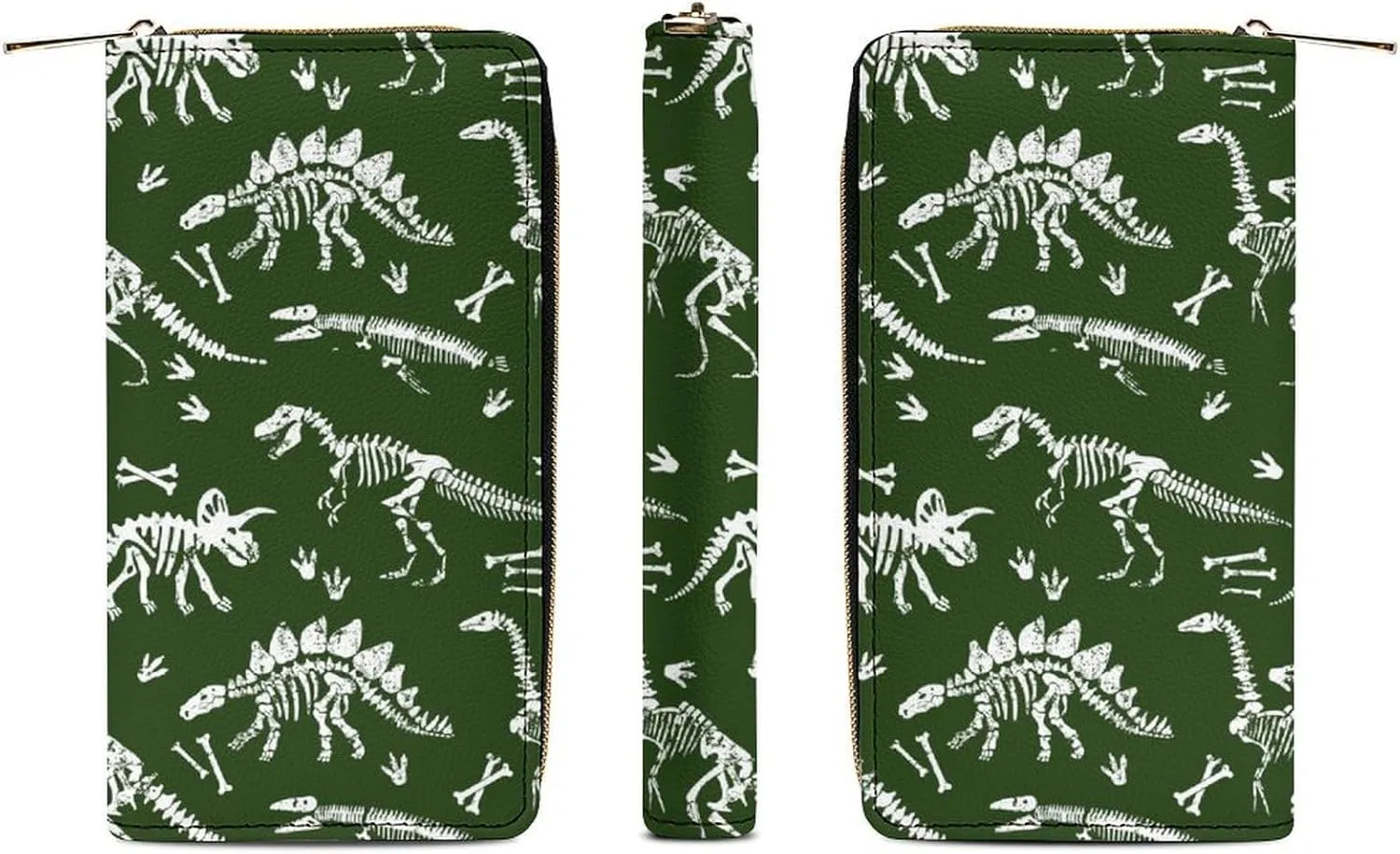 Women's Cute Decor Wallet, Long PU Zipper Wallet, Travel Purse Fashion Design, Huge Storage Capacity Purse Compatible with Grunge Dinosaur Skeleton