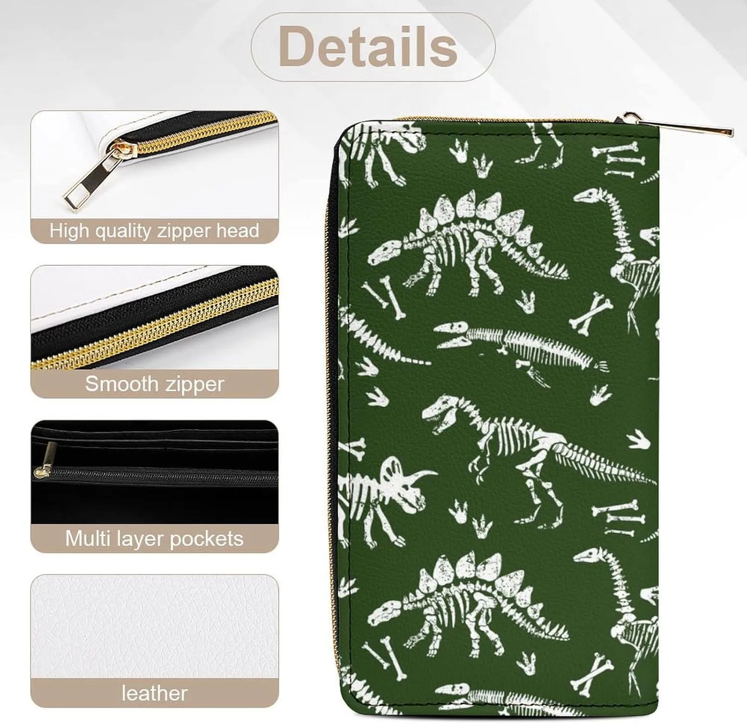 Women's Cute Decor Wallet, Long PU Zipper Wallet, Travel Purse Fashion Design, Huge Storage Capacity Purse Compatible with Grunge Dinosaur Skeleton