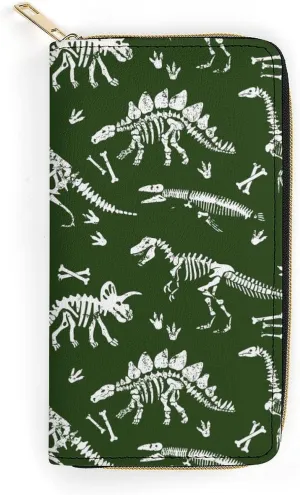 Women's Cute Decor Wallet, Long PU Zipper Wallet, Travel Purse Fashion Design, Huge Storage Capacity Purse Compatible with Grunge Dinosaur Skeleton