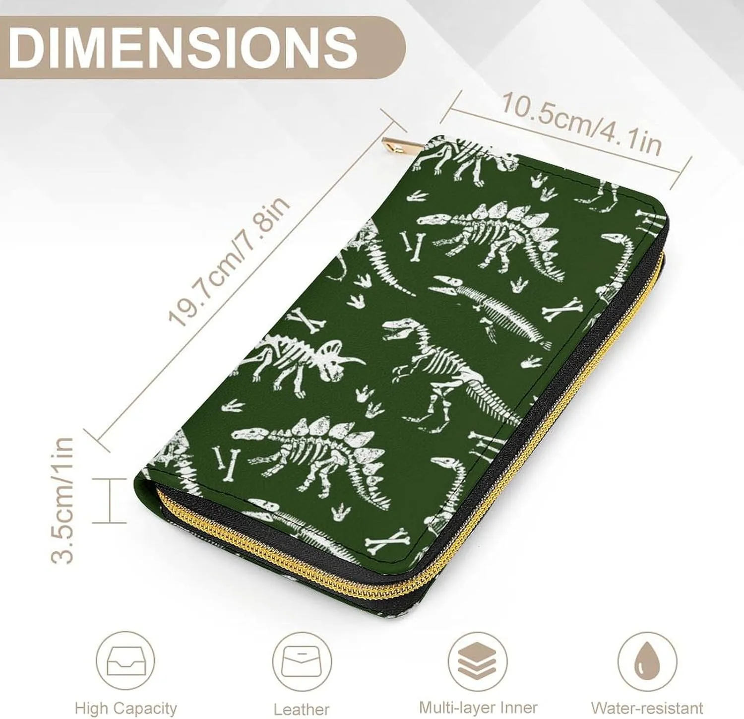 Women's Cute Decor Wallet, Long PU Zipper Wallet, Travel Purse Fashion Design, Huge Storage Capacity Purse Compatible with Grunge Dinosaur Skeleton
