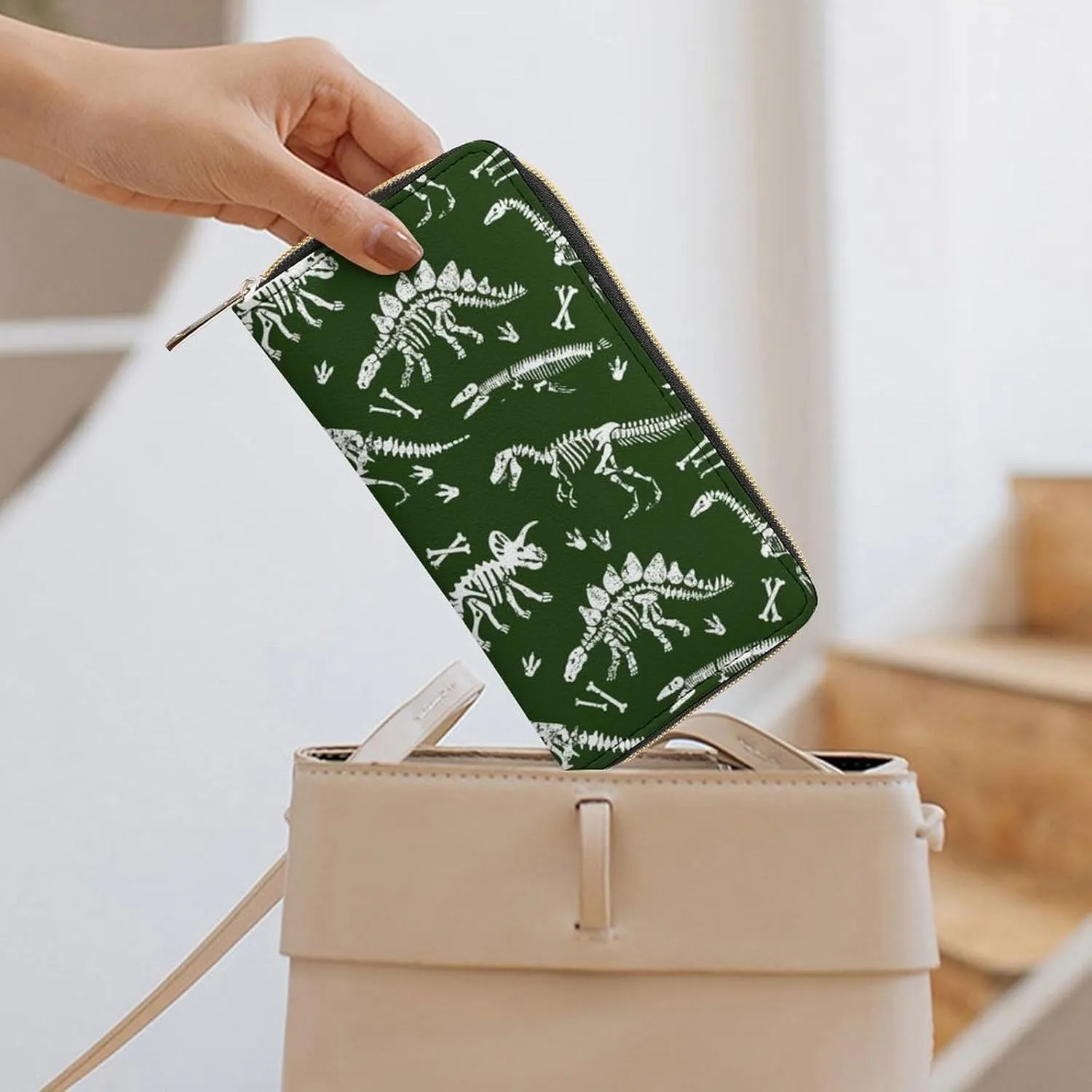 Women's Cute Decor Wallet, Long PU Zipper Wallet, Travel Purse Fashion Design, Huge Storage Capacity Purse Compatible with Grunge Dinosaur Skeleton