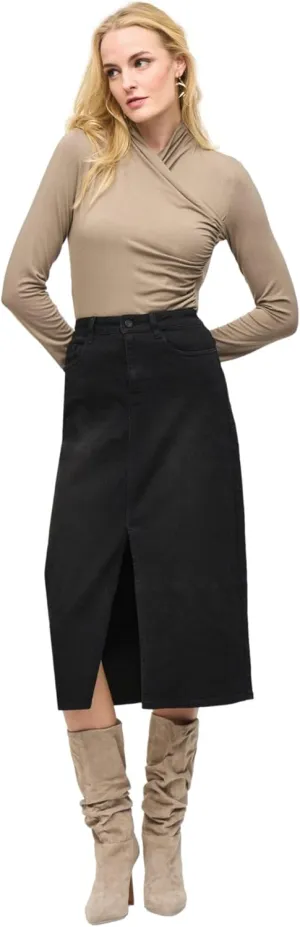 Women's Denim Front Slit Midi Skirt