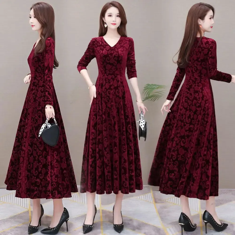 Women's Dress Floral Pattern V Neck Robe Spring Elegant Long Dresses Women Fashion Vestidos for Evening Dresses